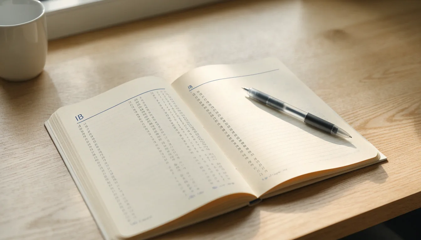 Ein aufgeschlagenes Notizbuch mit handschriftlichen Notizen und ein Kugelschreiber liegen auf einem hellen Schreibtisch neben einer Kaffeetasse.