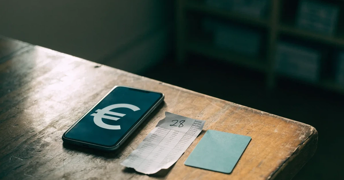 Ein Smartphone liegt mit dem Display nach unten auf einem Holztisch, daneben ein paar Euro-Münzen und eine unbeschriftete Plastikkarte im Morgenlicht.