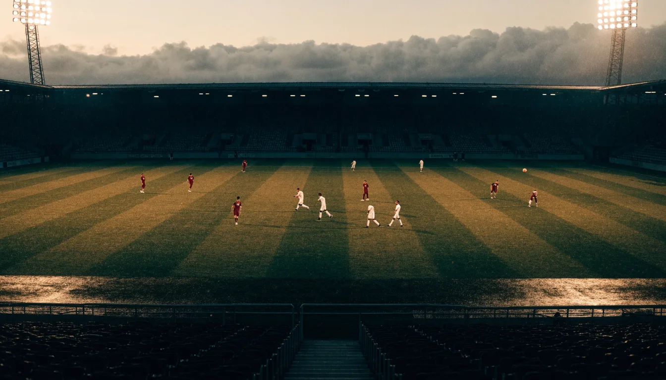 Ein Fußballplatz mit Flutlichtmasten in der Abenddämmerung, aus der Ferne gesehen, leere Tribünen und nasser Rasen unter bewölktem Himmel.