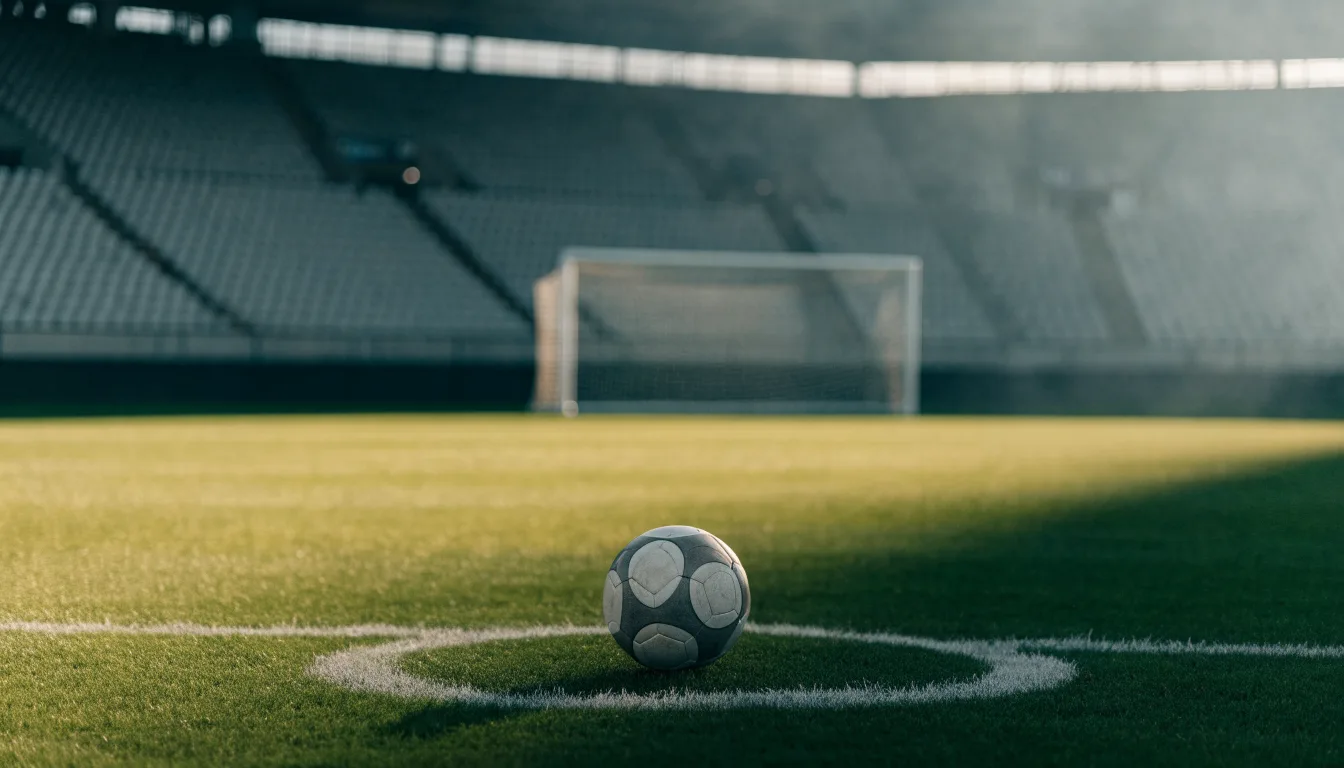 Ein Fußball liegt auf dem Elfmeterpunkt eines leeren Rasenplatzes, im Hintergrund eine Tribüne im Dunst.
