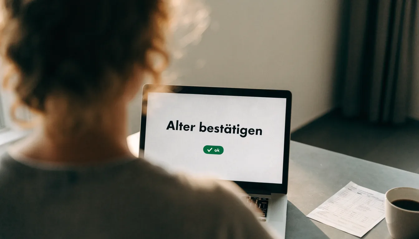 Eine Waage aus Messing und ein geschlossener Aktenordner ohne Beschriftung stehen auf einem polierten Schreibtisch vor einem Fenster.