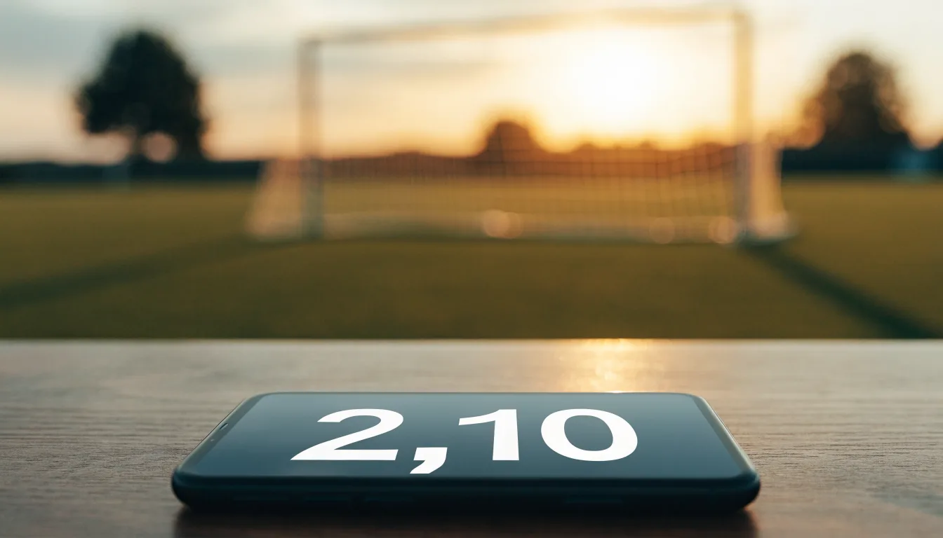 Ein Fußballtor mit Netz bei Sonnenuntergang auf einem leeren Platz, die Schatten der Torpfosten liegen lang auf dem Gras.