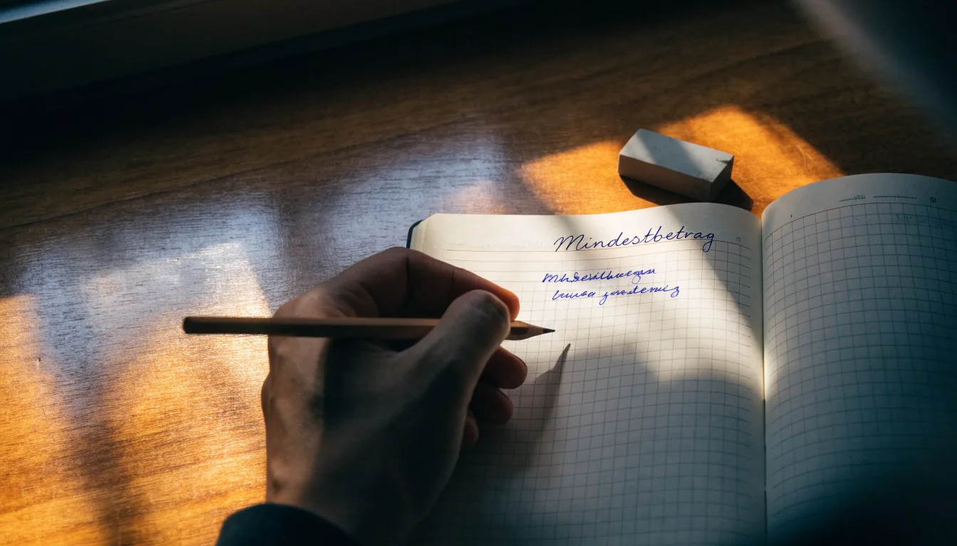 Eine Hand schreibt mit Bleistift Rechenschritte in ein kariertes Heft, daneben liegen ein Radiergummi und ein Taschenrechner.