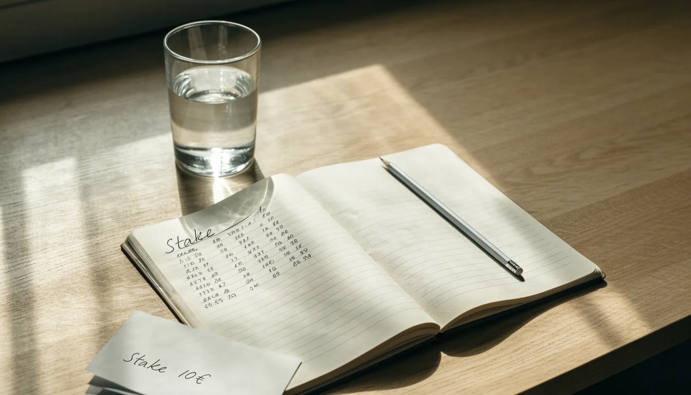 Ein aufgeschlagenes Heft mit handschriftlichen Notizen und ein Bleistift liegen auf einem Schreibtisch, daneben ein Glas Wasser.