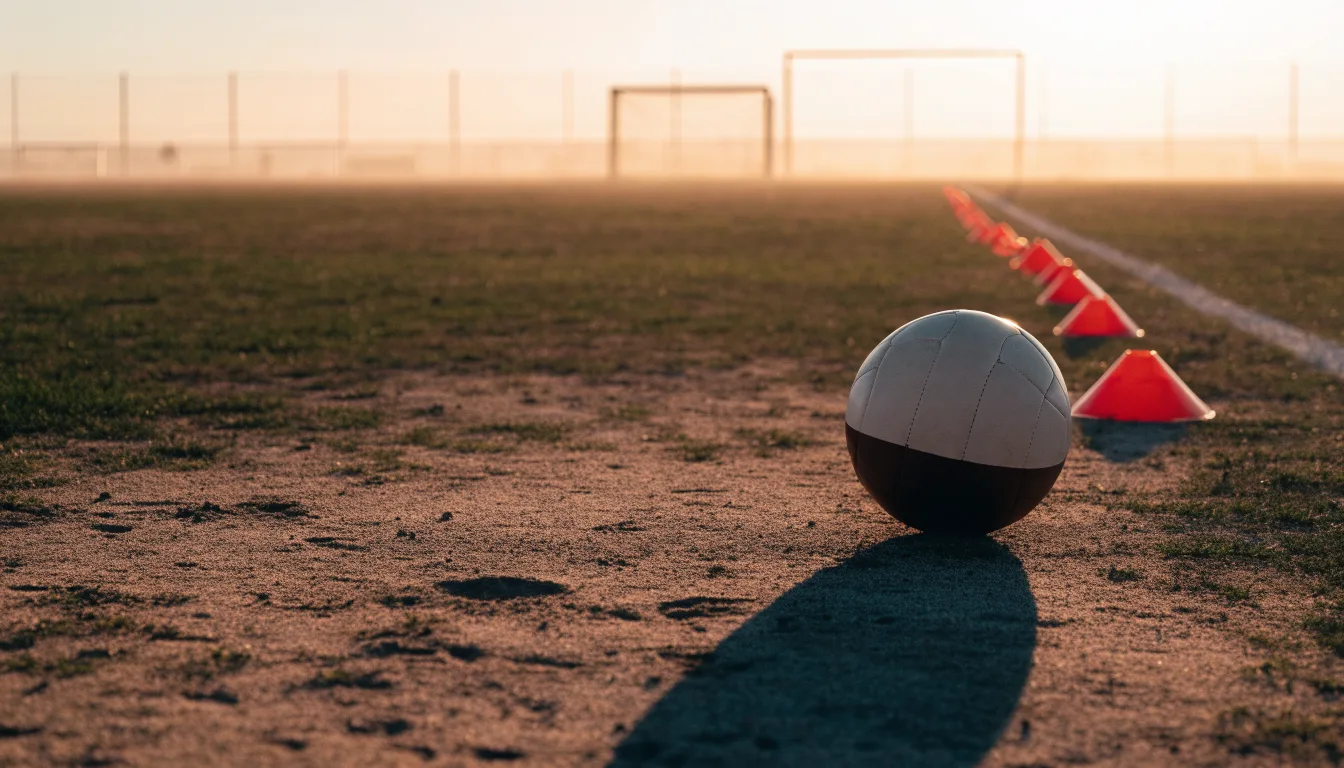 Ein Fußball auf rotem Sandboden neben einer Reihe Hütchen auf einem Trainingsplatz bei untergehender Sonne.