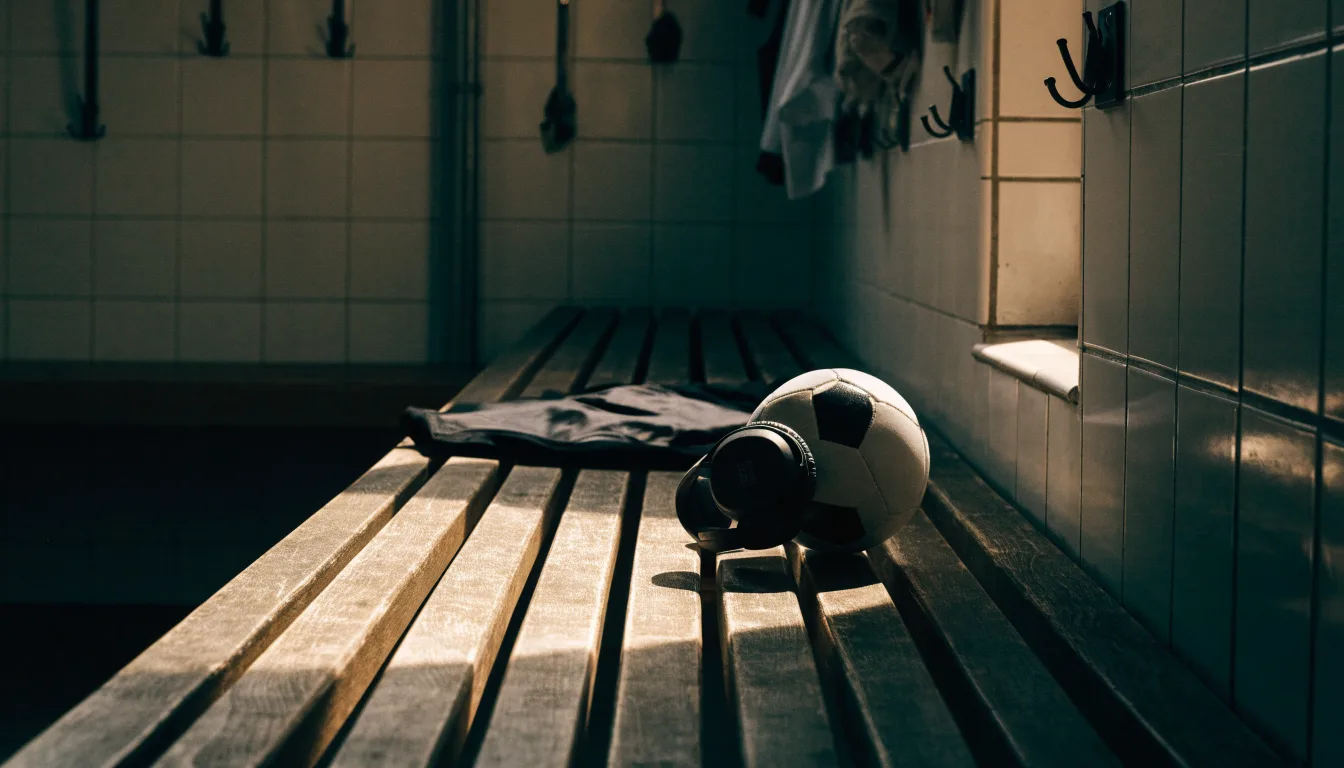 Ein Fußball liegt neben Kopfhörern auf einer Holzbank in einer Umkleide, Licht fällt durch ein schmales Fenster.