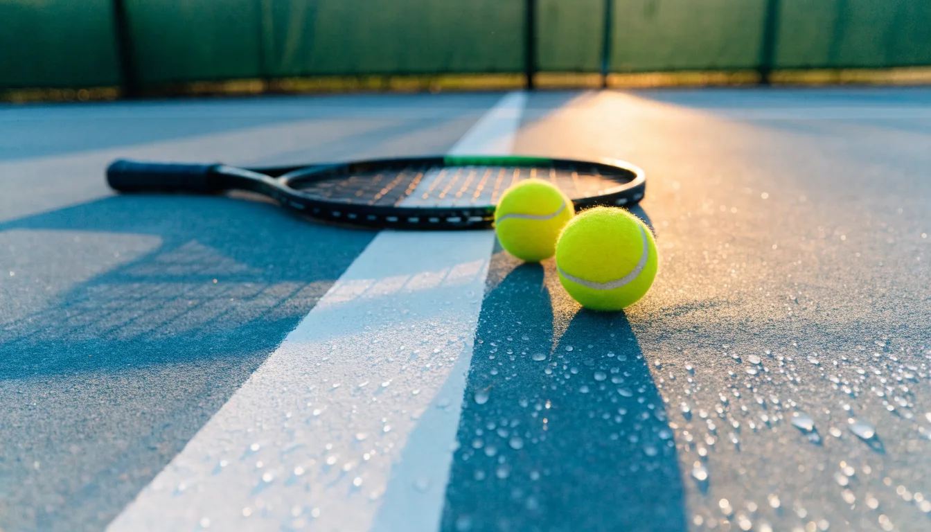 Zwei Tennisbälle und ein Schläger liegen auf der Grundlinie eines Hartplatzes, kleine Wassertropfen glänzen auf dem Belag.