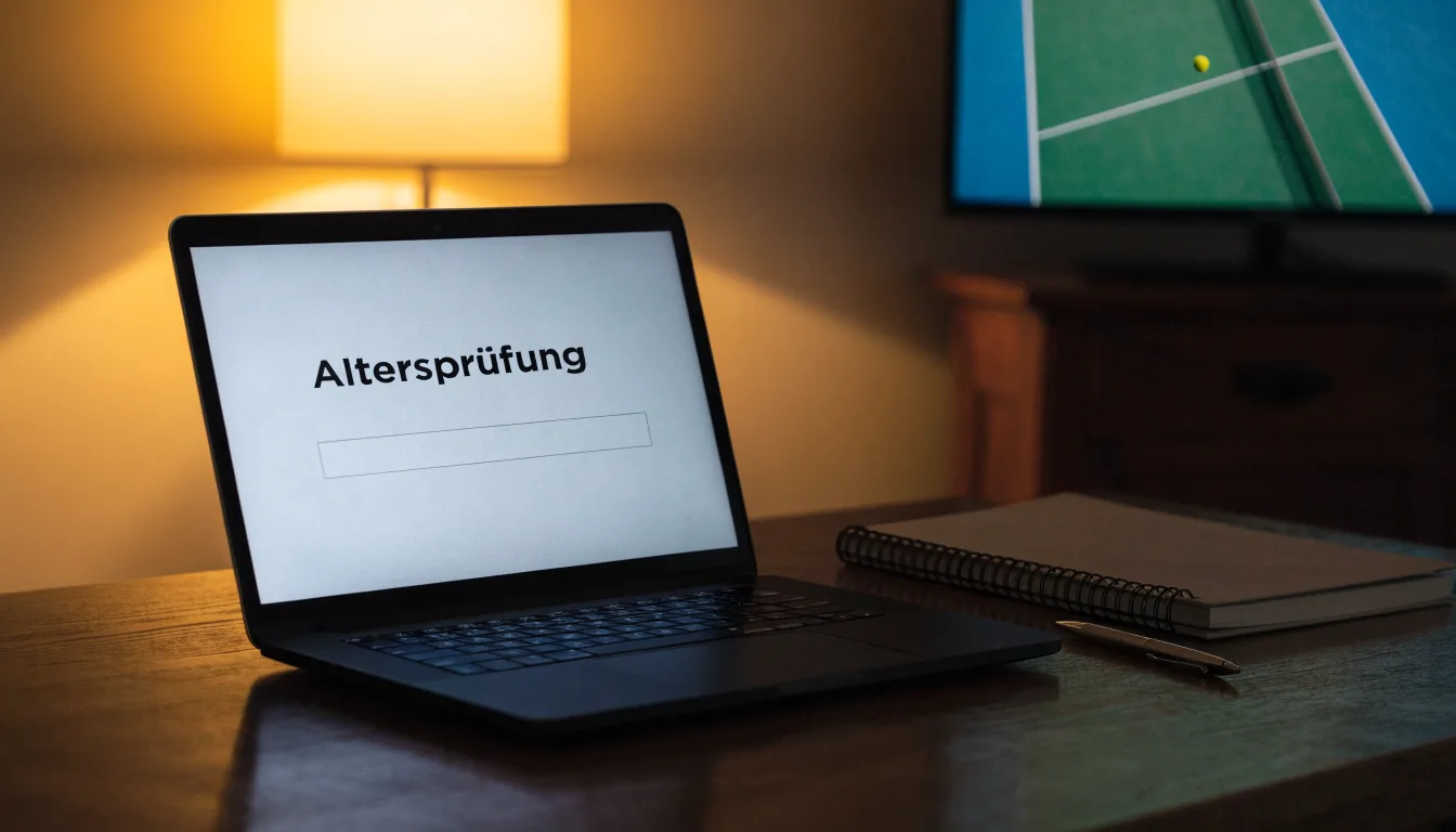 Ein leerer Schiedsrichterstuhl am Spielfeldrand eines Tennisplatzes im Abendlicht, lange Schatten auf dem Belag.