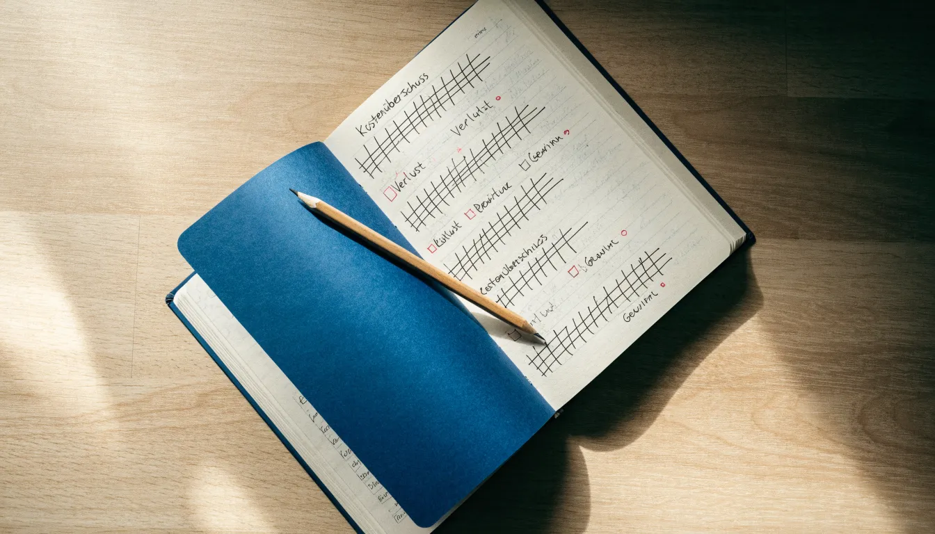 Ein handschriftlich geführtes Heft mit Strichlisten liegt neben einem Bleistift auf einem Tisch, seitlich fällt Tageslicht herein.