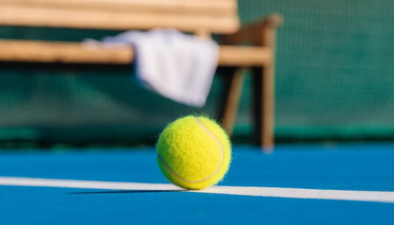 Ein gelber Tennisball liegt auf einer weißen Linie, daneben ein Handtuch auf einer Bank am Spielfeldrand.