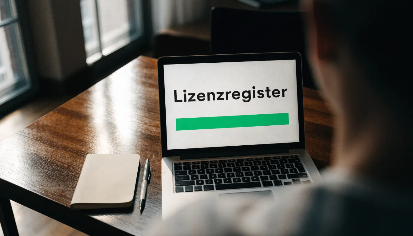 Ein Aktenordner ohne Beschriftung und ein Füllfederhalter liegen auf einem Schreibtisch vor einem Fenster.