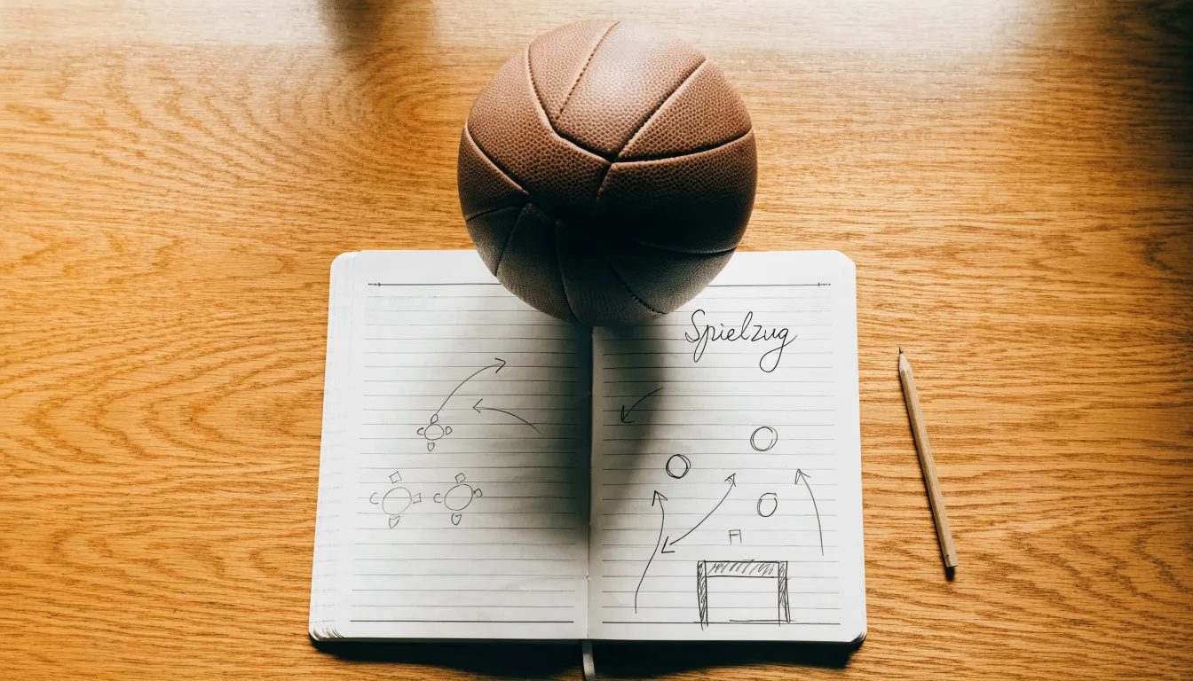 Ein Fußball liegt auf einem Notizbuch mit handgezeichneten Skizzen von Spielzügen, aufgenommen von oben auf einem Holztisch.