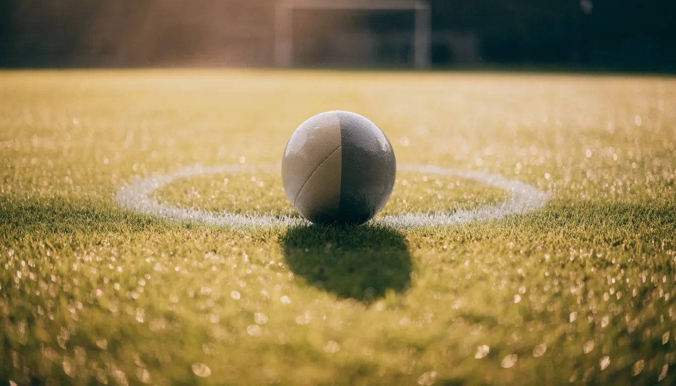 Ein Fußball liegt auf dem Anstoßpunkt eines Rasens bei Sonnenaufgang, Tau glitzert auf den Halmen.