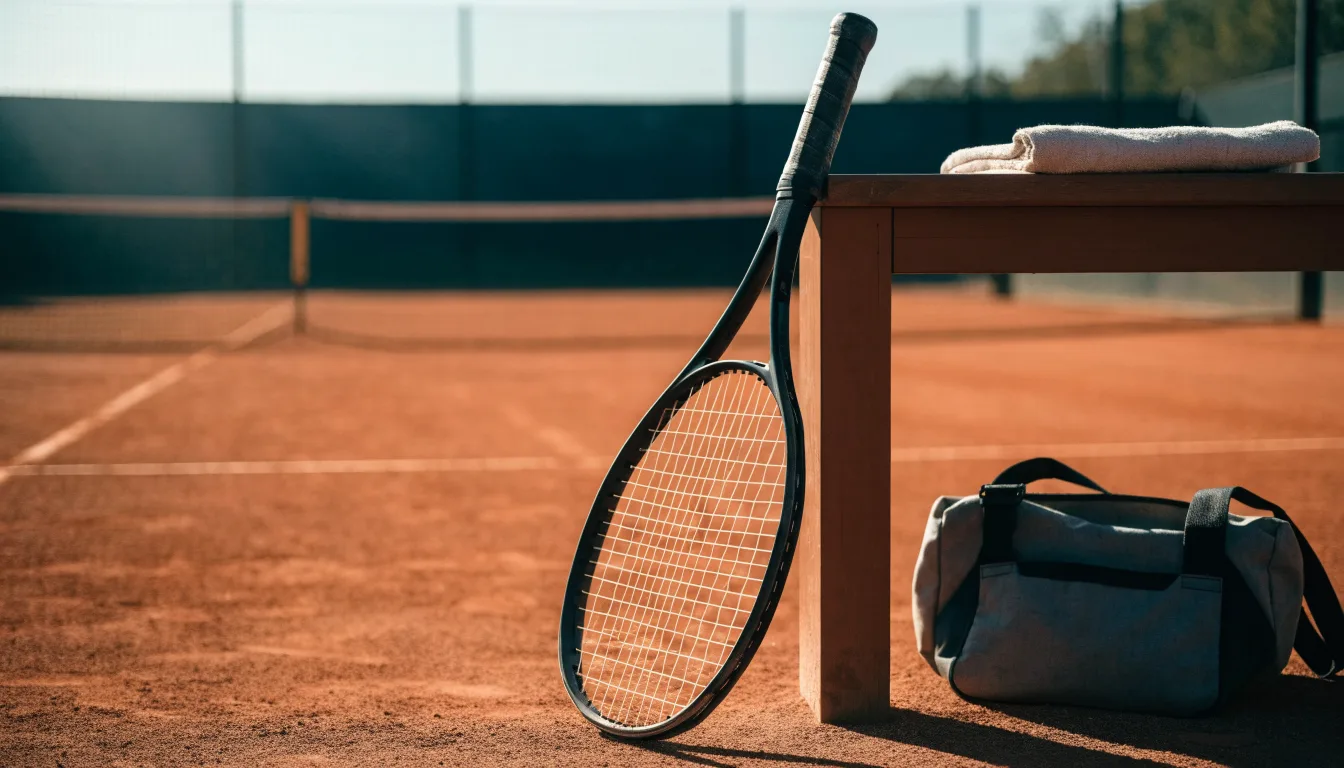 Ein Tennisschläger lehnt an einer Bank neben einer Sporttasche, im Hintergrund ein leerer Platz.