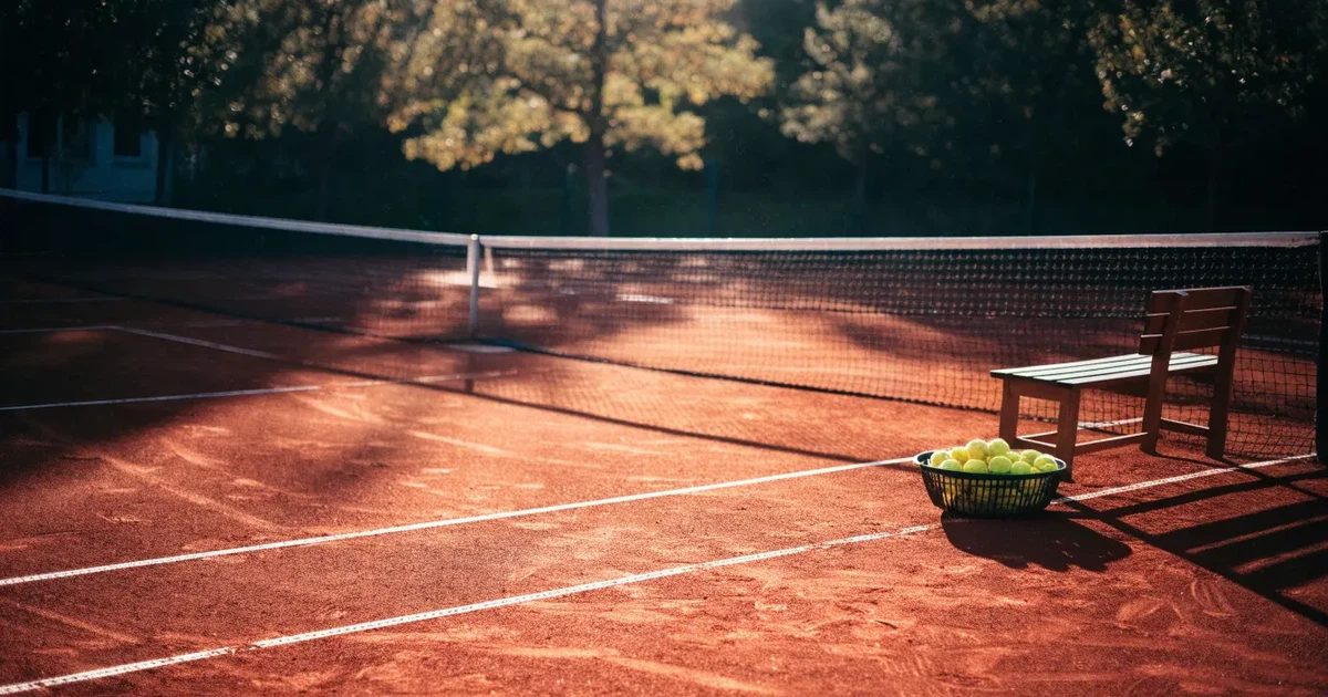 Ein Sandplatz mit frisch gezogenen Linien in der Nachmittagssonne, Netz und Ballkorb am Rand, keine Menschen.