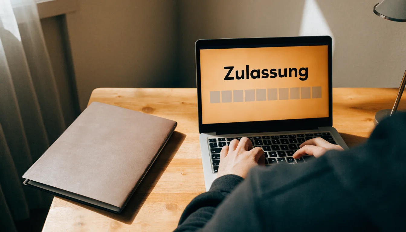 Eine Waage aus Messing und ein geschlossener Ordner ohne Beschriftung stehen neben einer Tischlampe auf einem Schreibtisch.