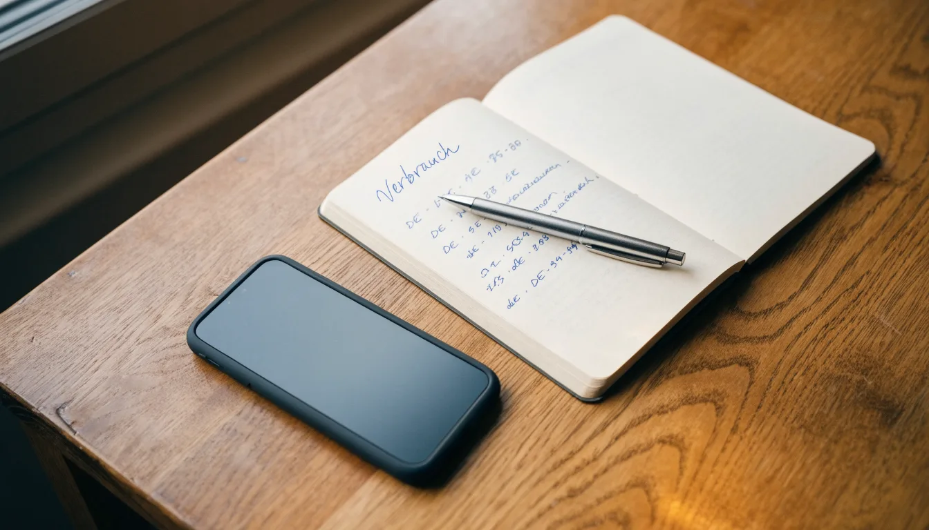 Ein Notizbuch mit handschriftlichen Notizen und ein Kugelschreiber liegen neben einem Smartphone mit dunklem Display auf einem Holztisch.
