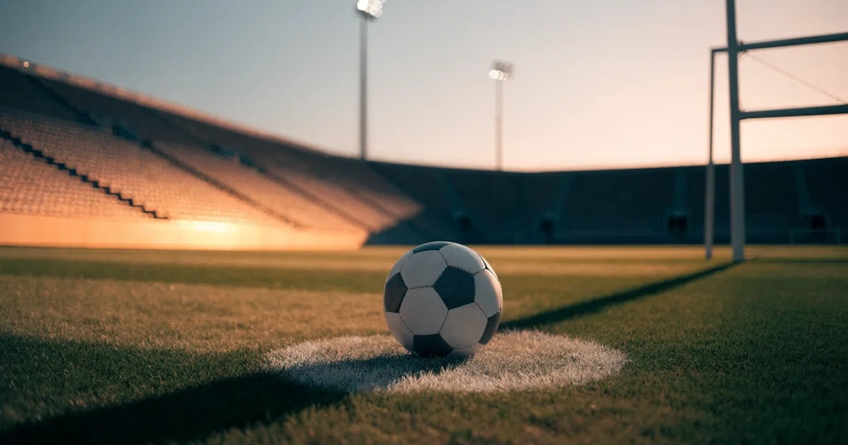 Ein Fußball liegt auf dem Anstoßpunkt eines leeren Rasenplatzes, im Hintergrund eine große Stadiontribüne im Abendlicht.