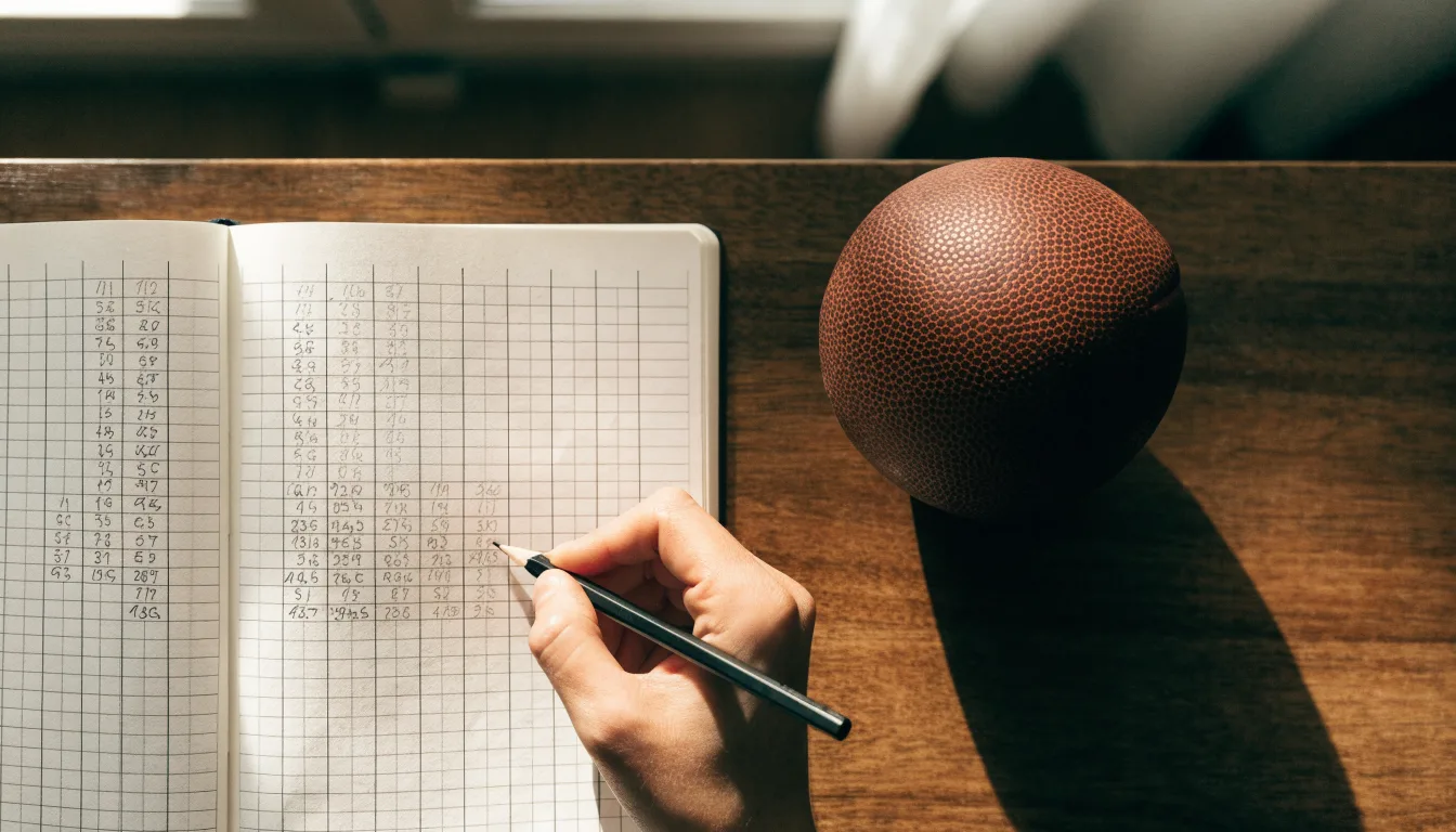 Eine Hand notiert mit Bleistift Zahlen in ein kariertes Heft, daneben liegt ein kleiner Lederfußball auf einer Holzplatte.
