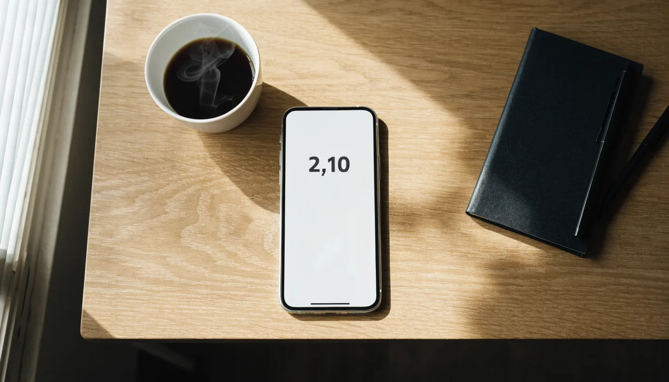 Ein Smartphone mit dunklem Display liegt neben einer Kaffeetasse und einem Notizblock auf einem hellen Tisch.