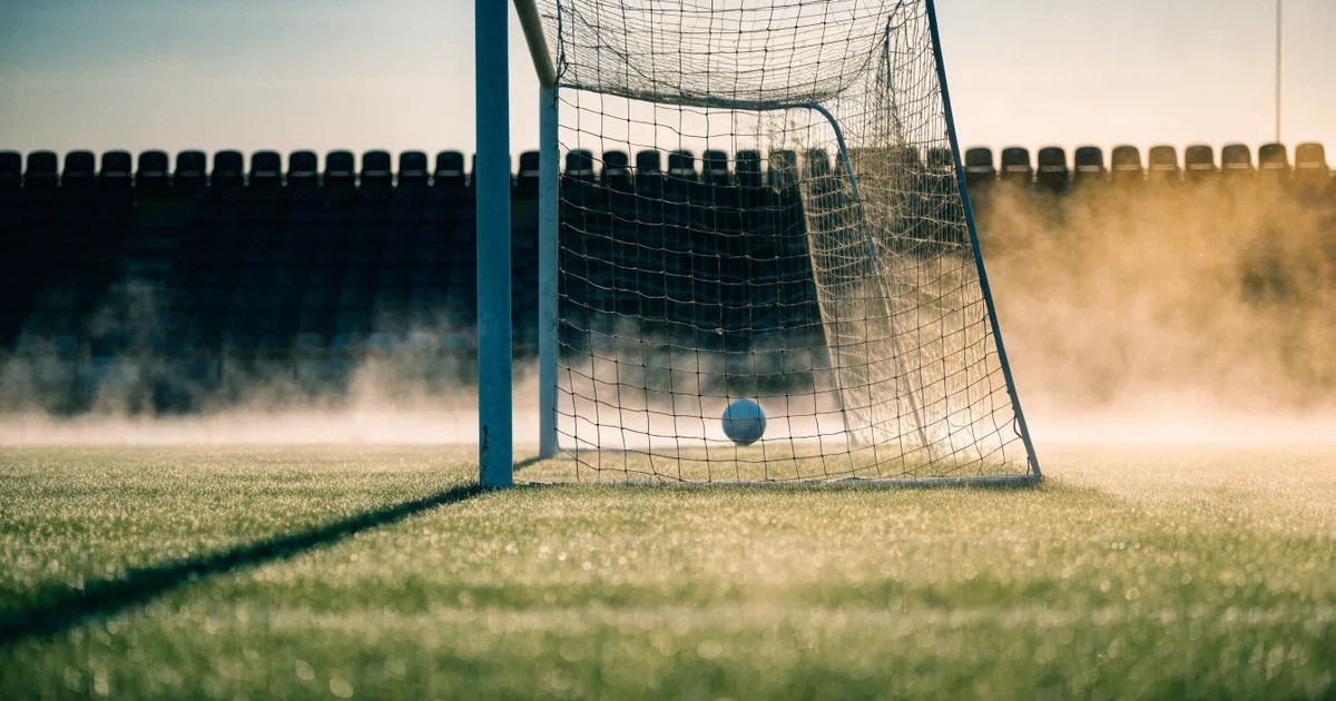 Ein Fußballtor mit gespanntem Netz steht auf einem leeren Rasenplatz, davor ein einzelner Ball, Morgendunst liegt über dem Feld.