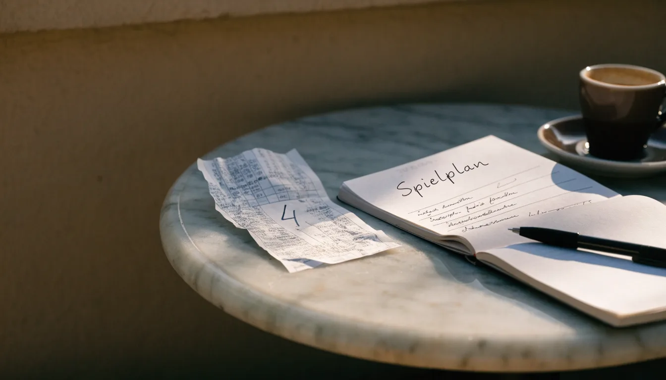 Eine Espressotasse steht auf einem kleinen Marmortisch einer Terrasse, daneben ein Notizheft mit handschriftlichen Skizzen.