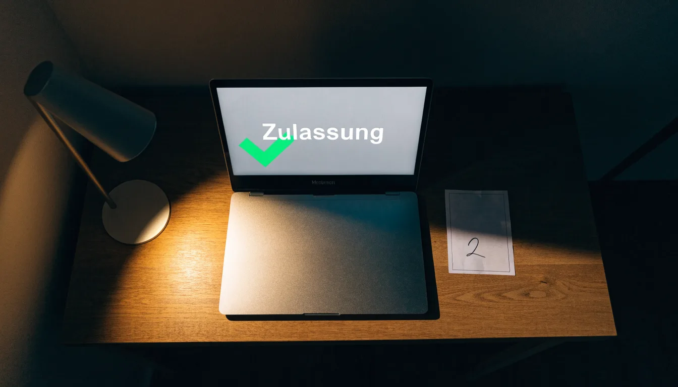 Ein Schreibtisch mit Stehlampe, einem geschlossenen Laptop und einem hölzernen Richterhammer im Halbdunkel.