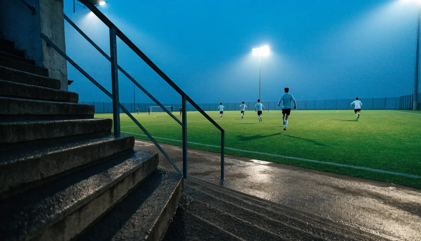Eine leere Stadiontribüne unter Flutlicht aus der Ferne betrachtet, die Rasenfläche leuchtet grün in der Dämmerung.