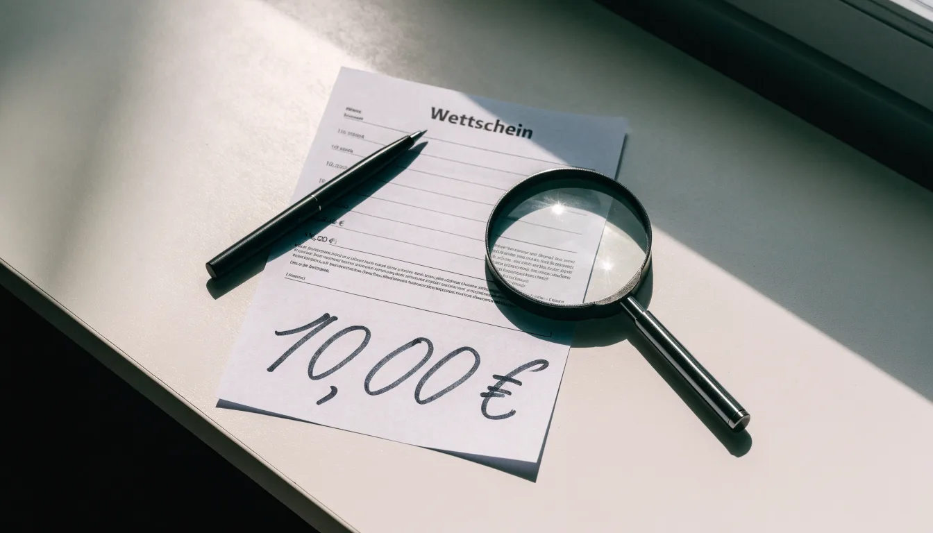 Ein leerer Wettschein aus Papier und ein Kugelschreiber liegen auf einem Schreibtisch neben einer Lupe.