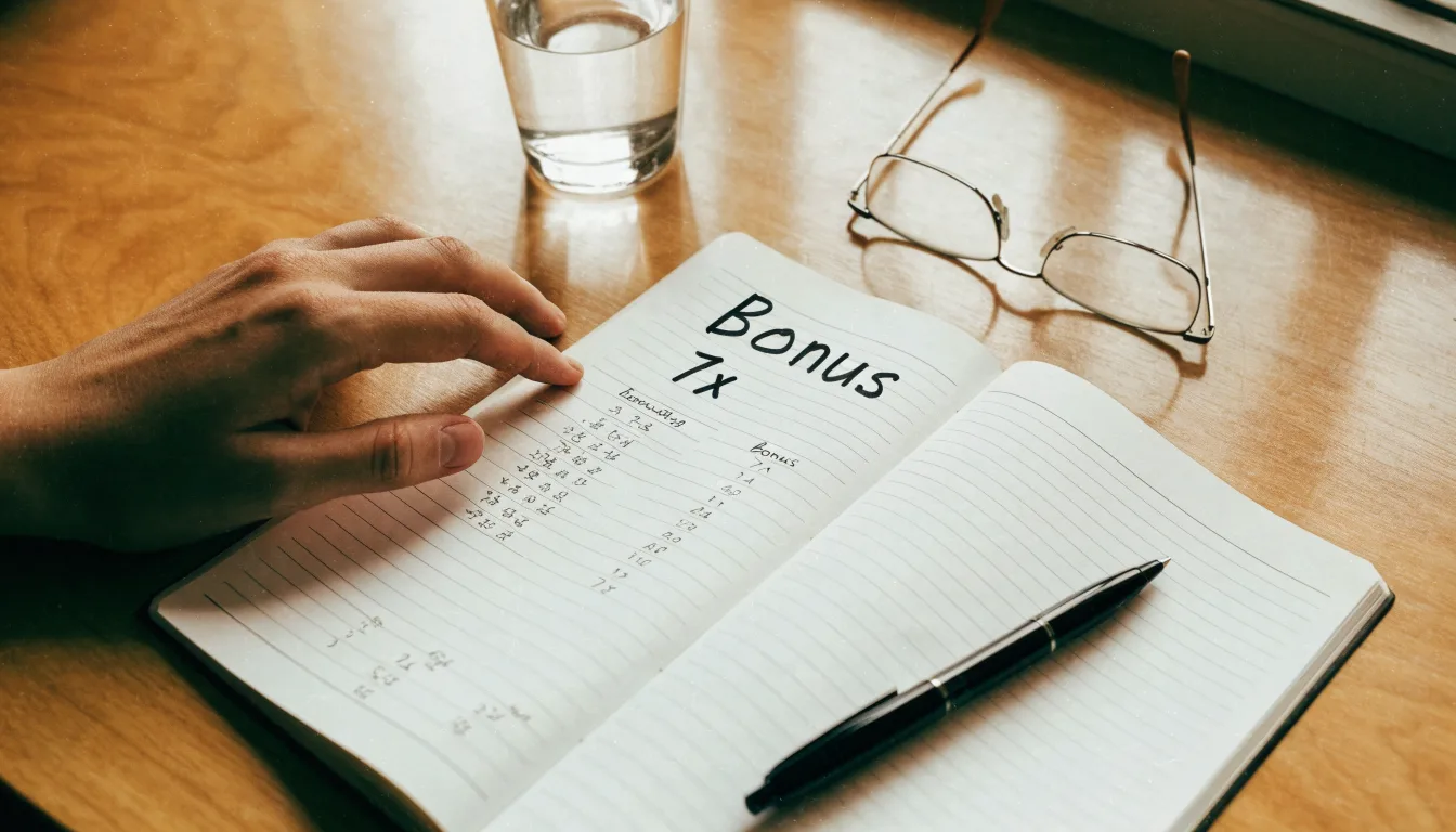 Ein Notizbuch mit handschriftlichen Rechnungen und ein Taschenrechner liegen auf einem aufgeräumten Schreibtisch in warmem Licht.