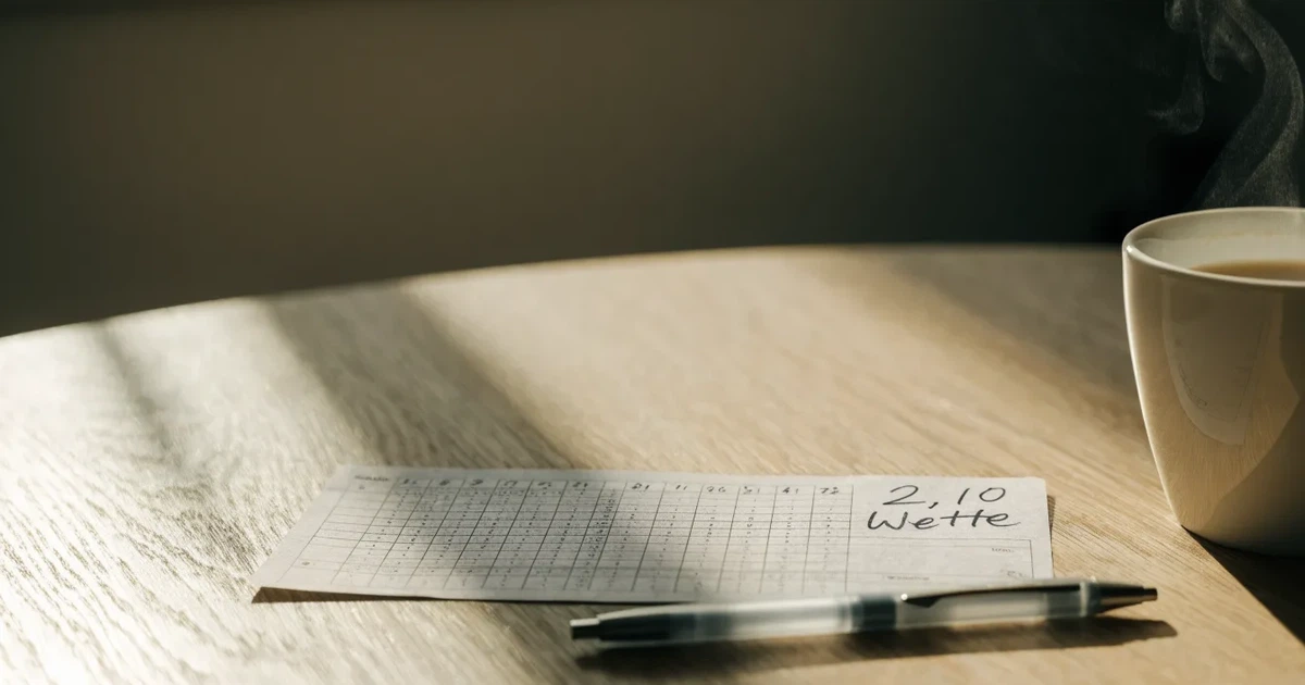 Ein leerer Papier-Wettschein liegt neben einem Kugelschreiber und einer Kaffeetasse auf einem hellen Holztisch, Tageslicht von links.