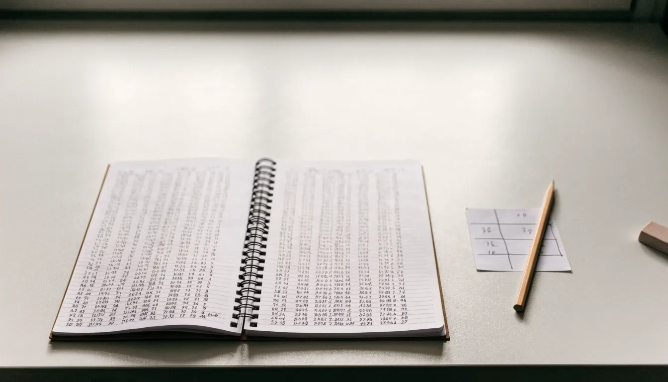 Ein Taschenrechner, ein Bleistift und ein Block mit handschriftlichen Zahlenreihen liegen auf einer grauen Arbeitsfläche.