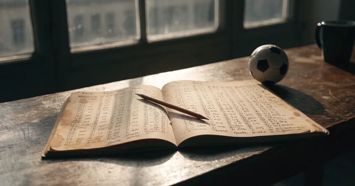 Ein Notizbuch mit handschriftlichen Strichlisten, ein Bleistift und ein kleiner Fußball liegen auf einem Schreibtisch vor einem Fenster.