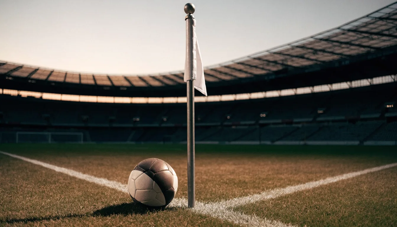 Ein Fußball liegt neben einem Eckfahnen-Pfosten auf einem Rasenplatz, im Hintergrund ein leeres Stadion in der Dämmerung.