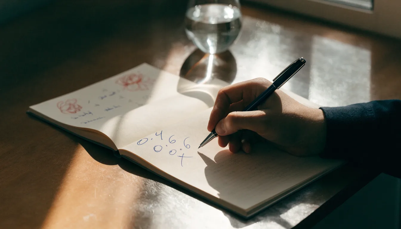 Ein Taschenrechner liegt auf einem Schreibtisch neben einem Block mit handschriftlichen Rechnungen und einem Glas Wasser.