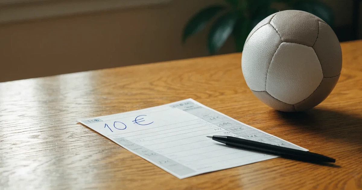 Ein leerer Papier-Wettschein und ein Kugelschreiber liegen neben einem kleinen Fußball auf einem Holztisch, weiches Fensterlicht.