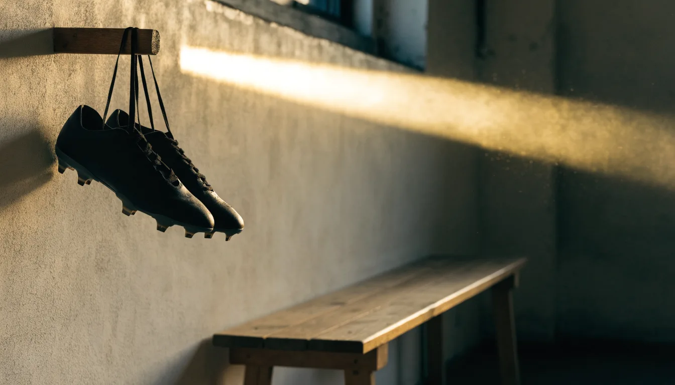 Ein Paar Fußballschuhe hängt an den Schnürsenkeln an einem Holzhaken in einer leeren Umkleidekabine.
