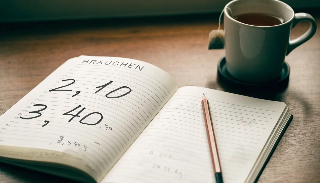 Ein Schreibtisch mit Taschenrechner, Bleistift und einem Block voller handschriftlicher Rechnungen, daneben eine Tasse Tee.