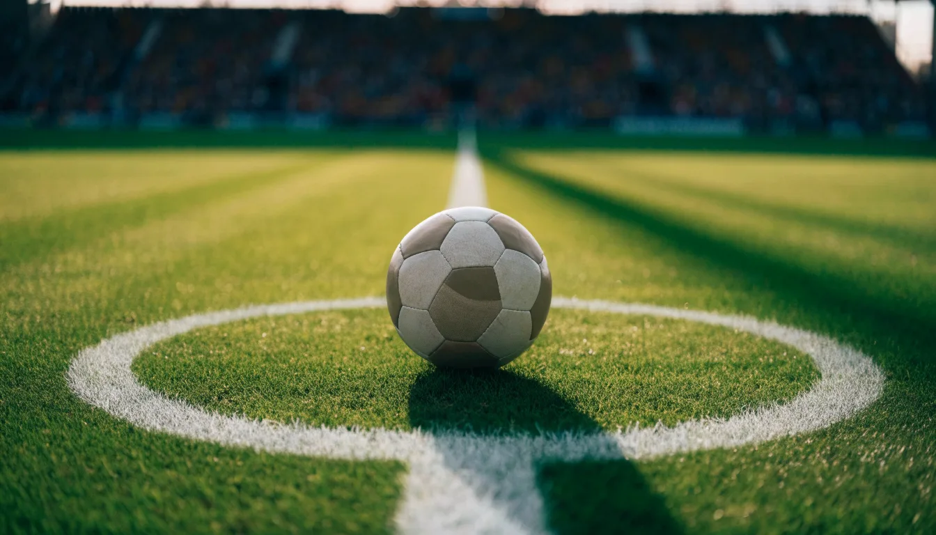 Ein Fußball liegt auf dem Rasen im Mittelkreis, die Kreidelinien führen scharf ins Bild, dahinter verschwimmt eine Tribüne.
