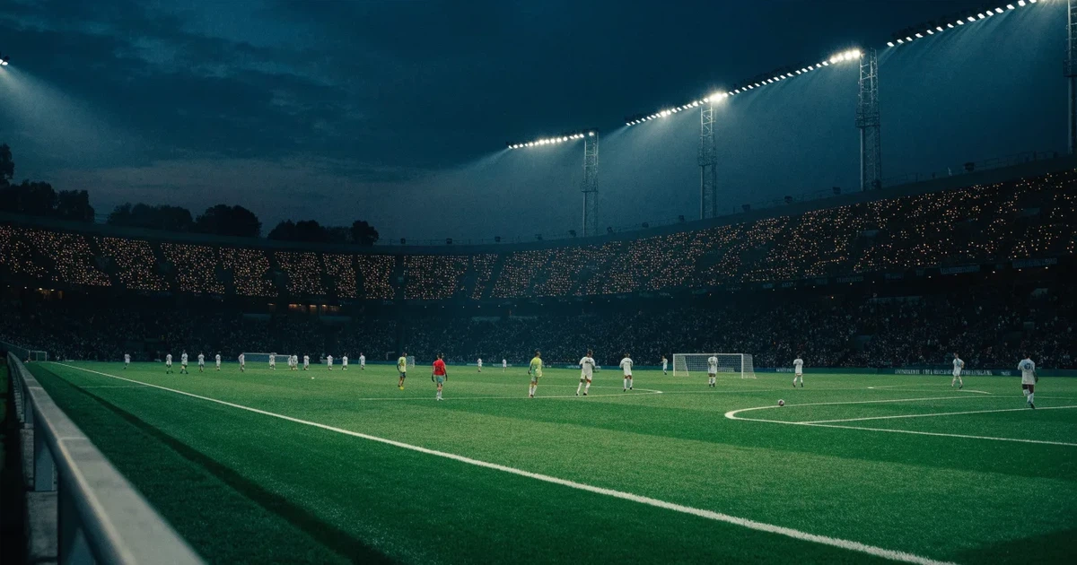 Ein großes Stadion bei Nacht, aus der Ferne unter Flutlicht gesehen, die Ränge hell erleuchtet, der Rasen leuchtend grün.