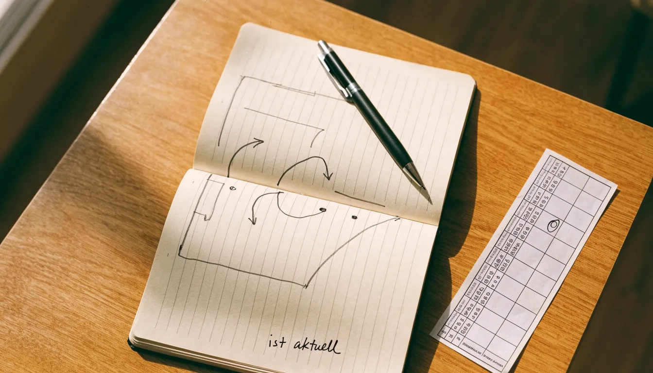 Ein aufgeschlagenes Notizbuch mit handschriftlichen Skizzen von Spielzügen liegt neben einem Kugelschreiber auf einem Holztisch.