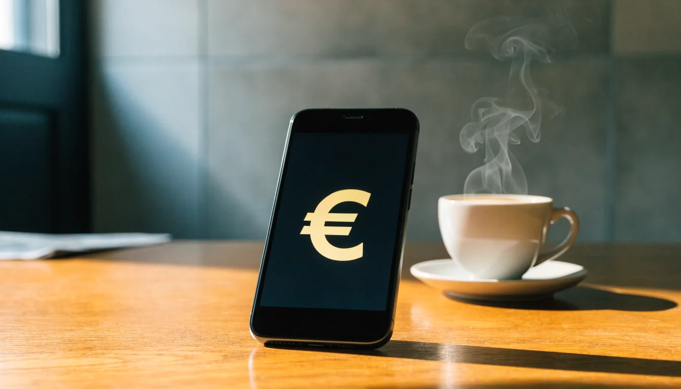 Ein Smartphone mit dunklem Display liegt neben einer Kaffeetasse auf einem Holztisch im Licht eines Fensters.