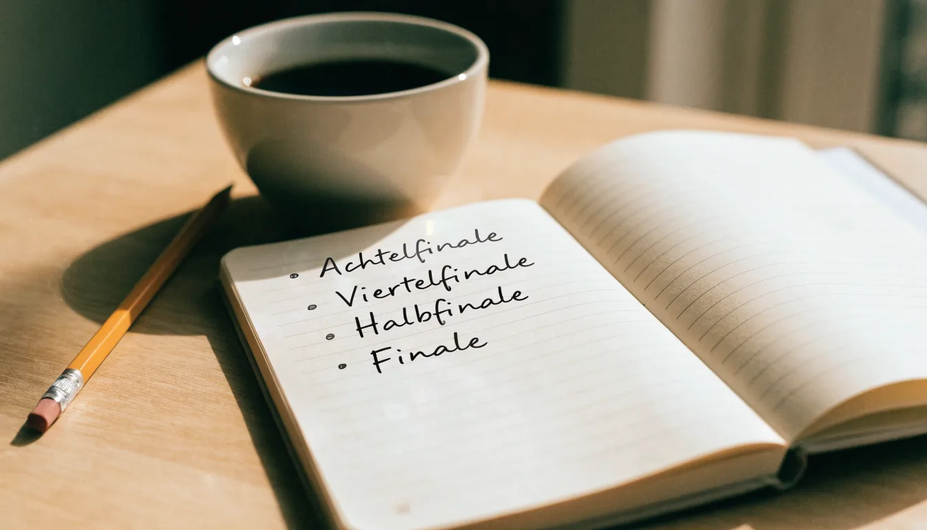 Ein aufgeschlagenes Notizbuch mit handgeschriebenen Stichpunkten und ein Bleistift liegen neben einer Kaffeetasse auf einem hellen Holztisch.