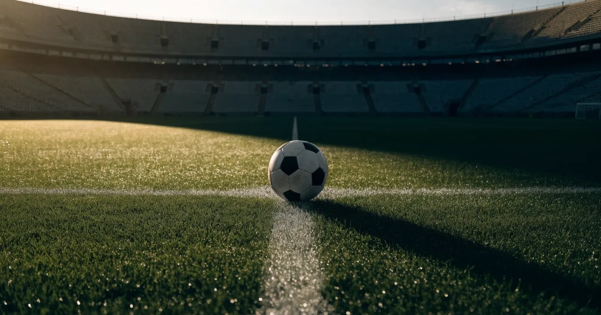 Ein Fußball liegt auf dem Mittelkreis eines Stadionrasens am frühen Morgen, im Hintergrund leere Ränge ohne erkennbare Beschriftung.