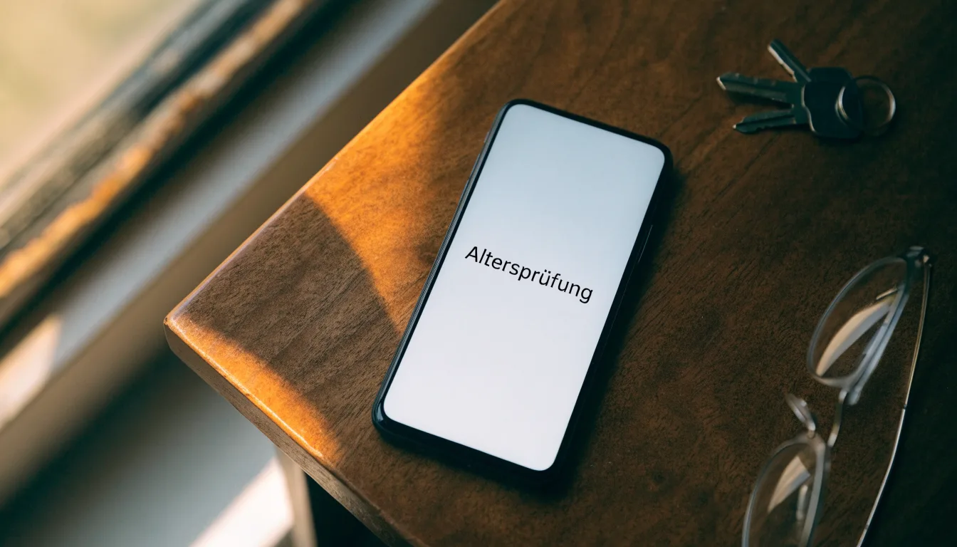 Ein Smartphone liegt mit dunklem Display auf einem Holztisch neben einem Schlüsselbund und einer Brille im Licht eines Fensters.