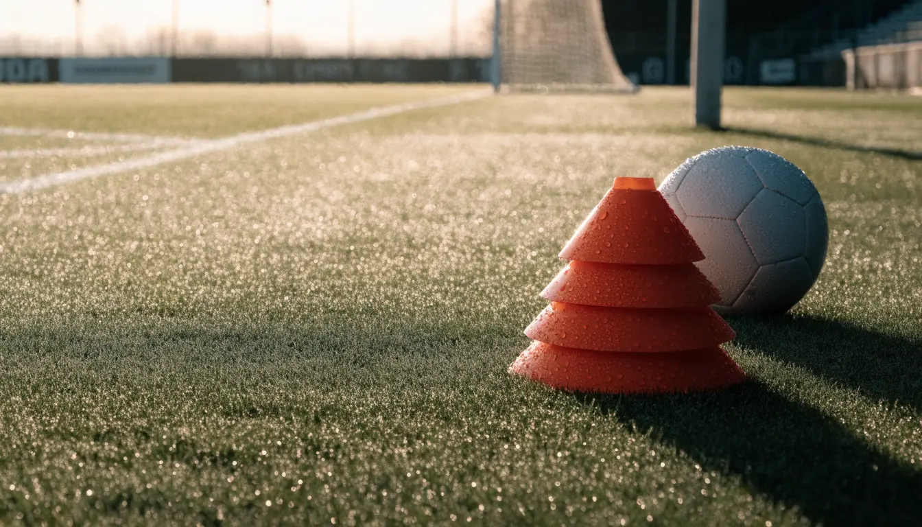 Ein Fußball liegt auf einem Rasenplatz bei Sonnenaufgang, daneben ein kleiner Stapel Trainingshütchen.