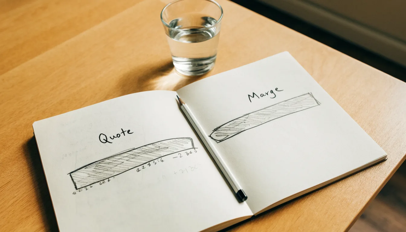 Ein Notizbuch mit handgezeichneten Spalten und ein Bleistift liegen auf einem hellen Holztisch neben einem Glas Wasser.