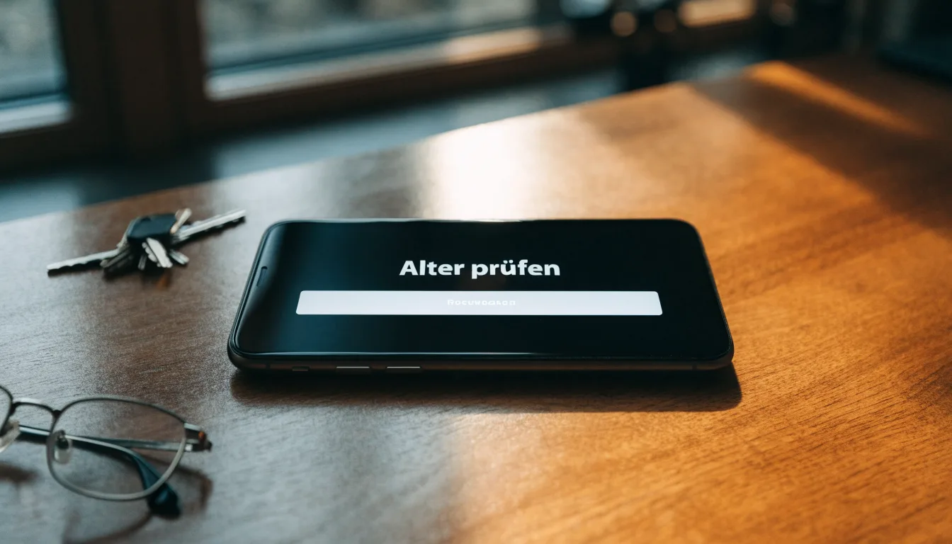 Ein Smartphone liegt mit dunklem Display auf einem Schreibtisch neben einem Schlüsselbund und einer Brille.