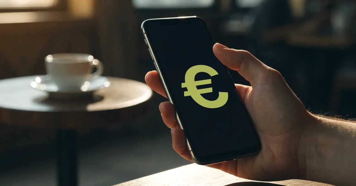 Eine Hand hält ein Smartphone mit dunklem Display, im Hintergrund unscharf ein Café-Tisch mit einer Tasse.