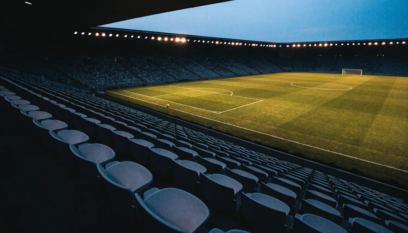 Eine leere Stadiontribüne unter Flutlicht aus der Ferne betrachtet, die Rasenfläche leuchtet grün in der Dämmerung.